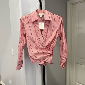 Talbots Petites Wrap Coquette Blouse Holiday Preppy Tie Back Novelty Print Sz 6